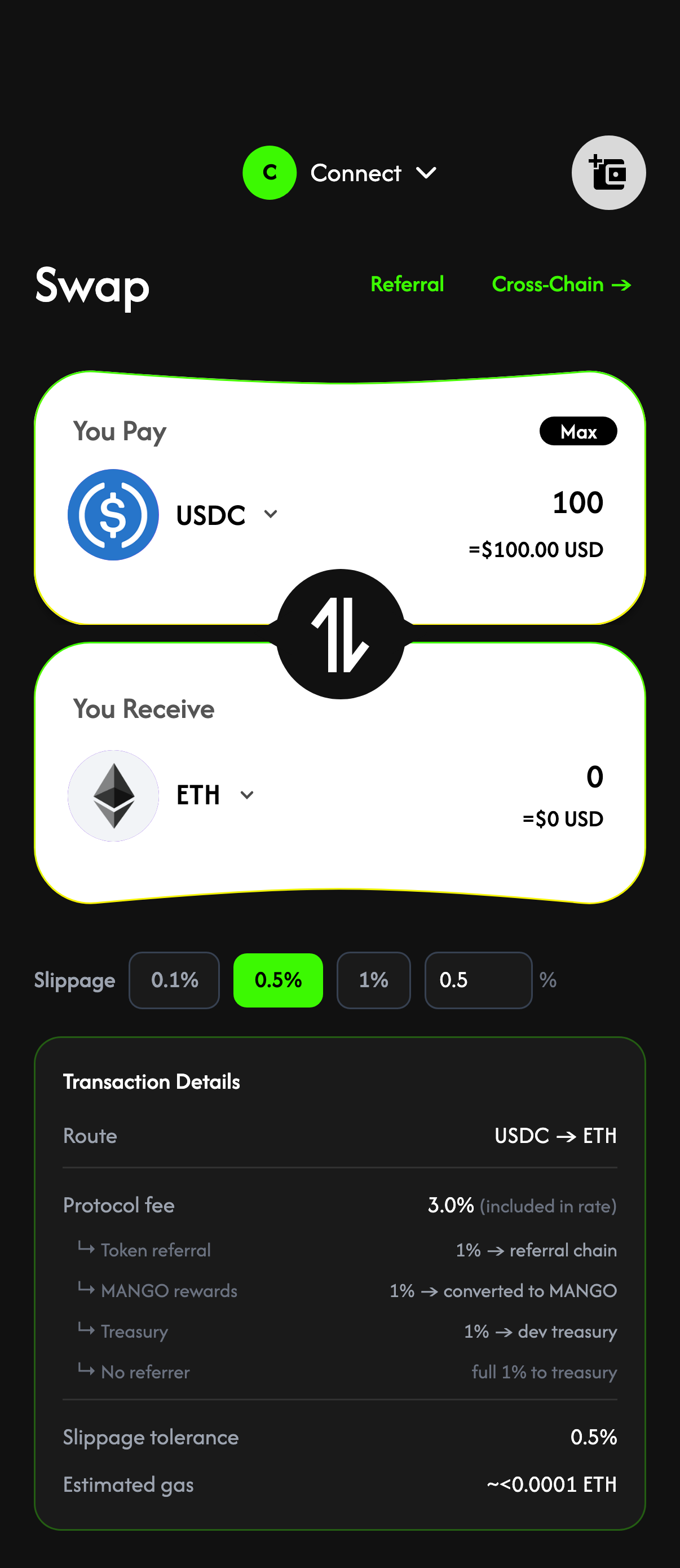 Mango Swap: transaction details with the fee breakdown