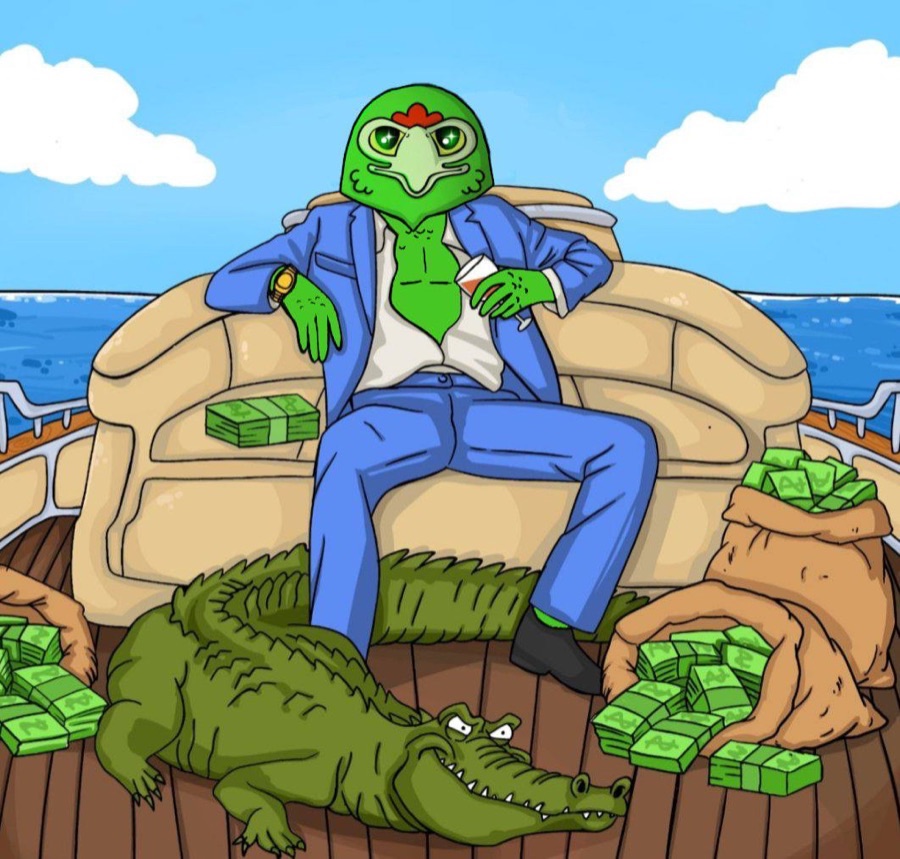 Parrot on a yacht with a crocodile
